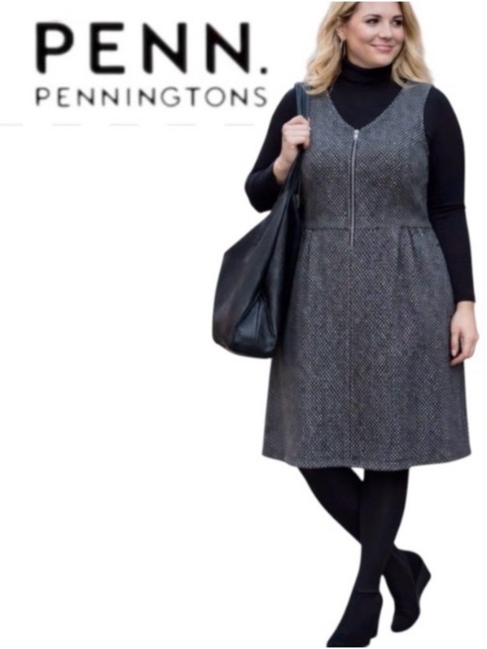 2X Penningtons Fit and Flare Knit Pinafore Dress, Allover Print and Front Zip